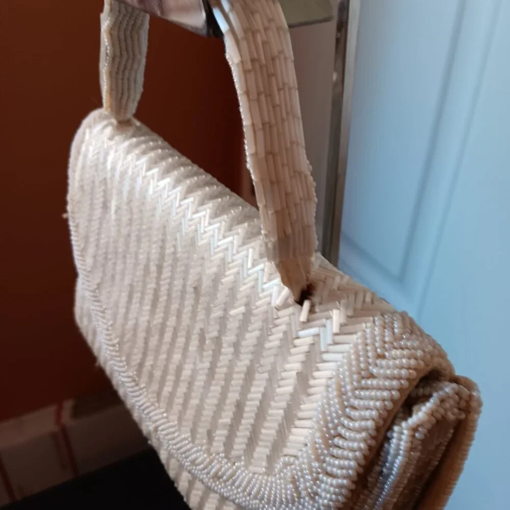 Vintage Hand Made in Hong Kong cream micro beads and sequin evening purse